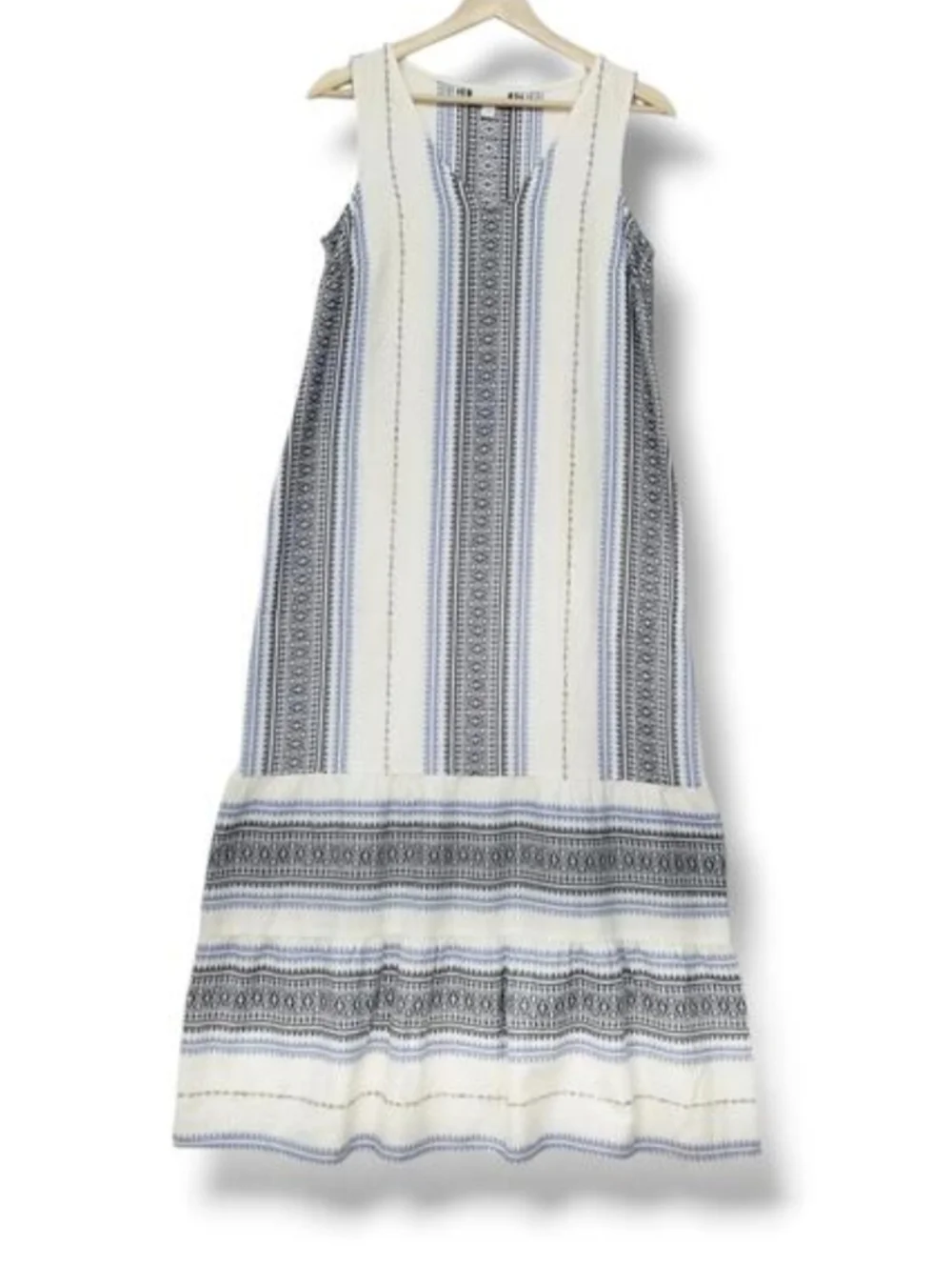 J. Jill V-neck Sleeveless Tiered Midi Dress Womens XS‎ White Blue Striped Cotton